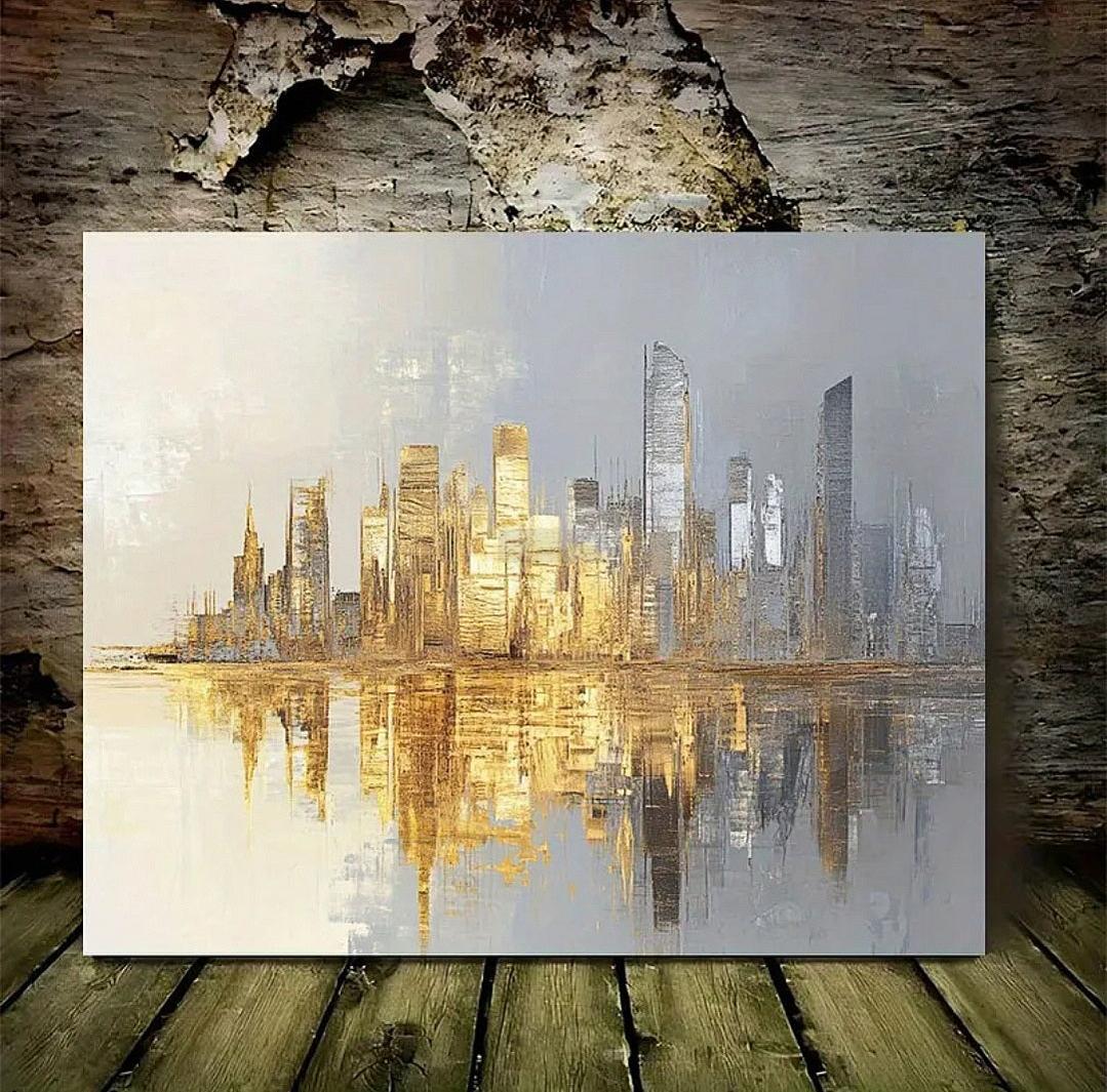Abstract City Skyline Canvas Painting, Golden and Silvery on Grey Background - 3D Texture Artwork - Ideal for Living Room Wall Decor-Painting-BEESARI