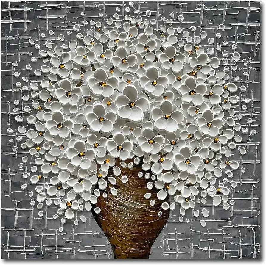 Epicler Hand-Painted 3D Abstract Modern Oil Painting Wall Art, White Flower Painting, Flower Wall Art Painting,Living Room Bedroom Wall Decoration Oil Painting Ready to Hang-Painting-BEESARI