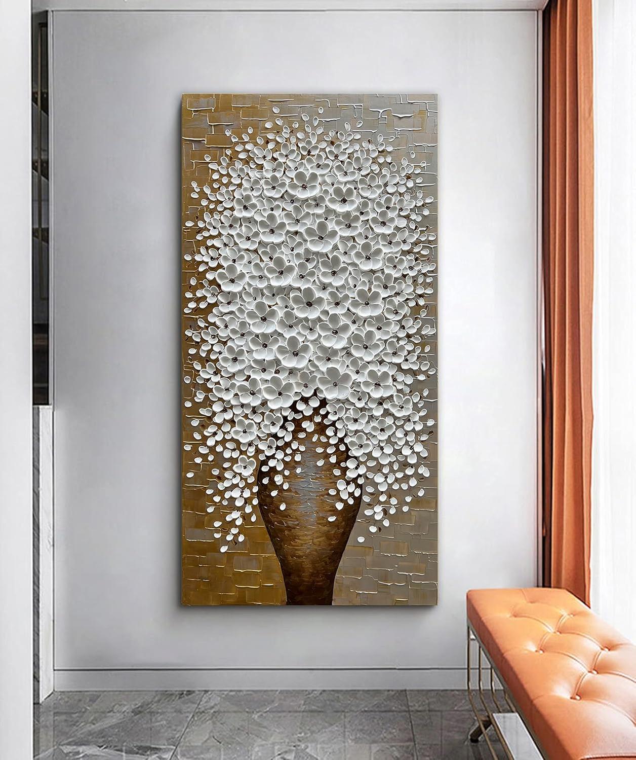Epicler Hand-Painted 3D Flower Oil Painting with Metal Texture Background, White Flower Art Painting, Modern Canvas murals, White Flower Art-Painting-BEESARI