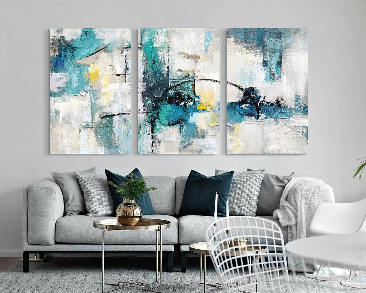 Room Decor Wall Art Living Room Extra Large Canvas Painting Wall Decor Aqua Blue Teal Gray Modern Office Decor Abstract Dining Room Wall Decorations-Painting-BEESARI