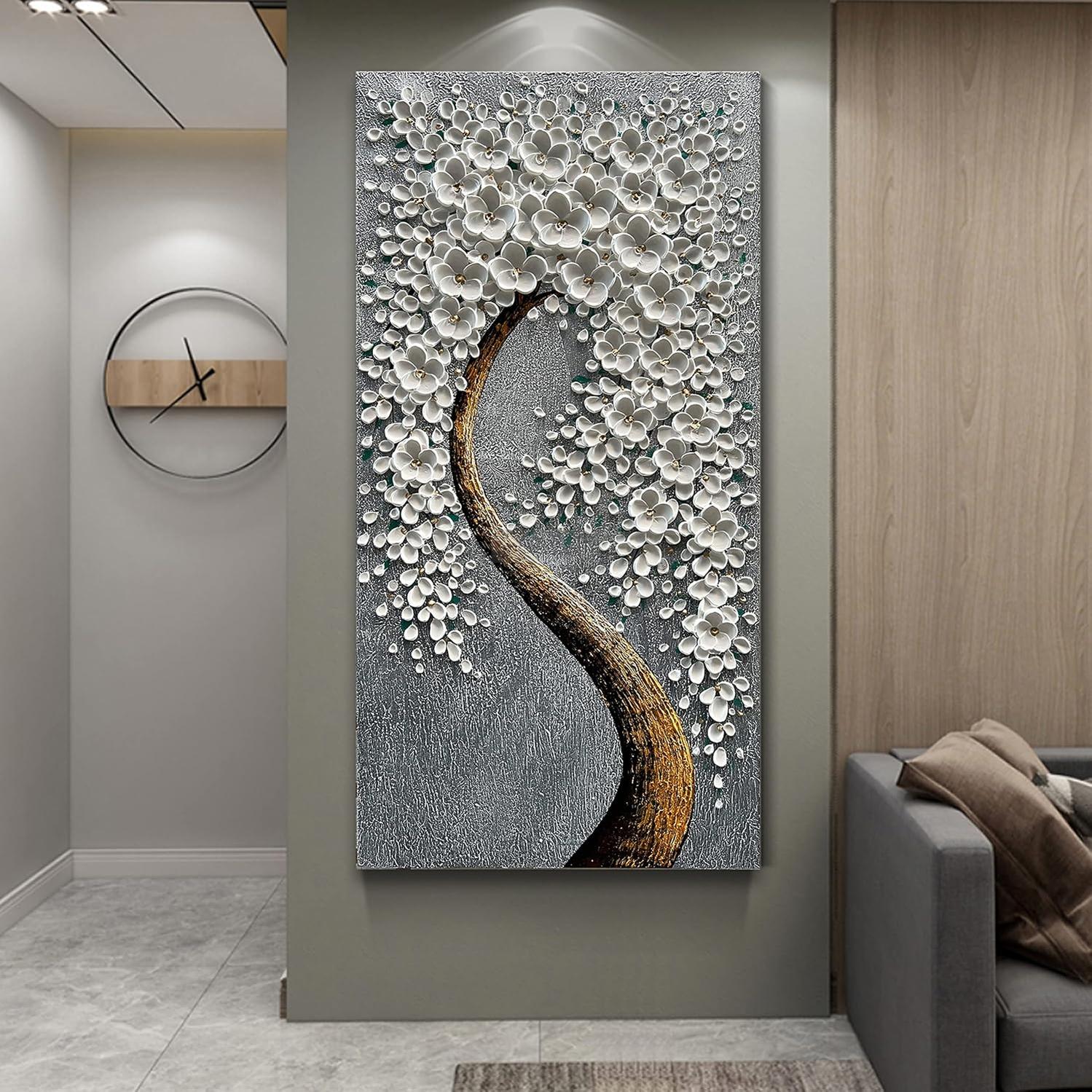 100% Hand-Painted 3D White Vertical Abstract Flower Tree Painting, Canvas Texture Mural, Living Room, Bedroom, Dining Room Mural