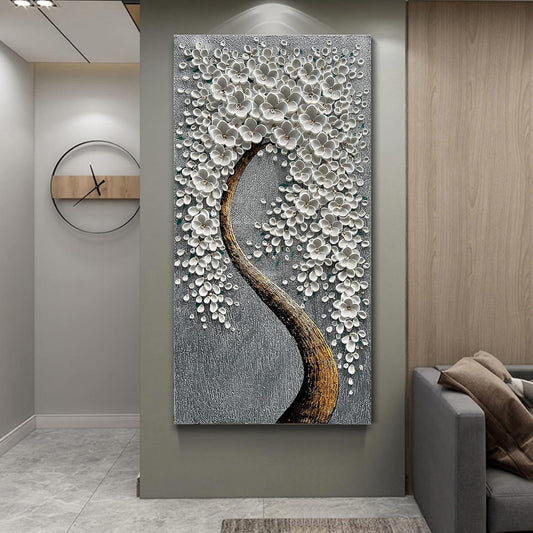 100% Hand-Painted 3D White Vertical Abstract Flower Tree Painting, Canvas Texture Mural, Living Room, Bedroom, Dining Room Mural