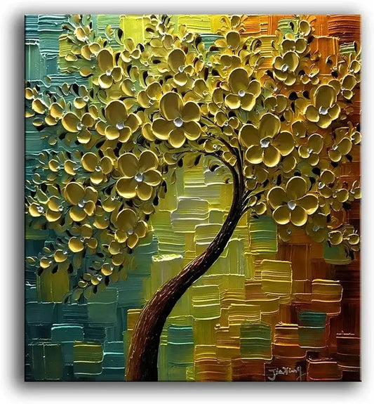 3D Oil Paintings On Canvas Golden Flowers Tree Paintings Abstract Artwork Wall Art For living Room,Dinning Room Home Decor Framed Stretched Ready to Hang-Painting-BEESARI