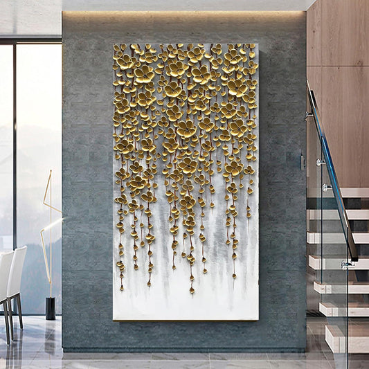 3D Vertical Abstract Canvas Oil Painting Wall Art, Golden Flower Painting Wall Art, Home Living Room Wall Decoration Abstract Painting Art