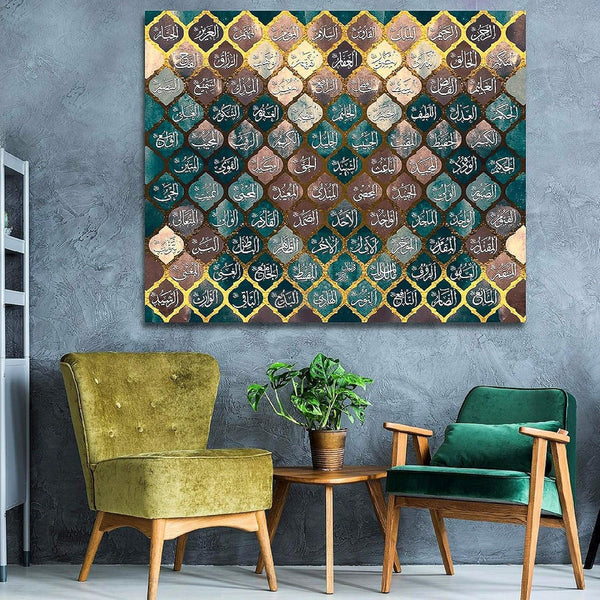 99 Names of Allah | Islamic Calligraphy | Hand-Painted Painting on Canvas-Painting-BEESARI