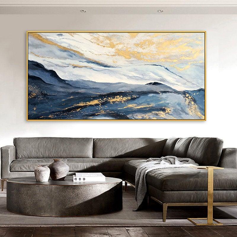 Elegant Gold Leaf Painting Navy Blue Snow Mountain Abstract Wall Art