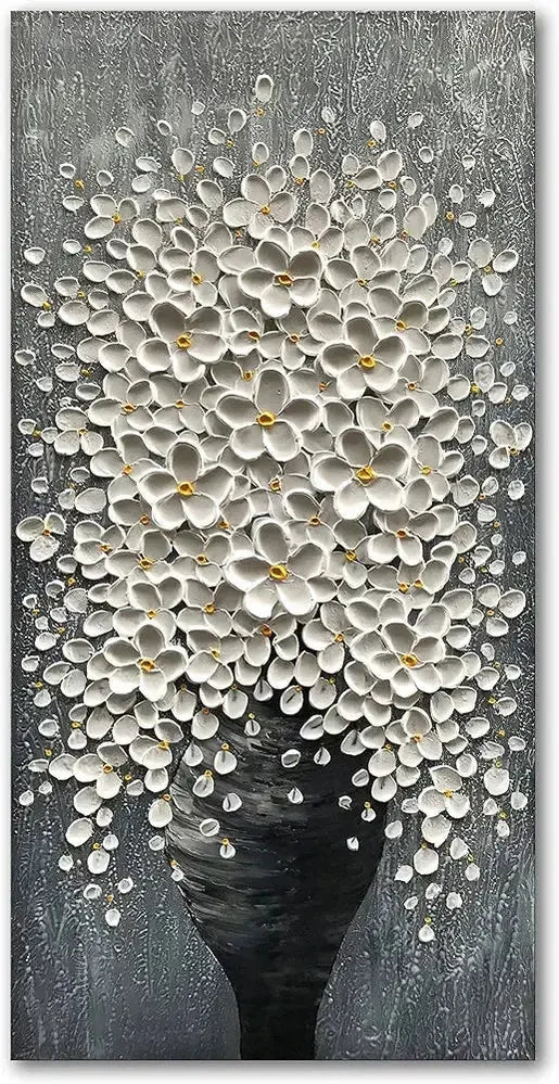 Epicler Hand-Painted Painting for Wall Decoration, White Bouquet in vase, Home Wall Decoration.