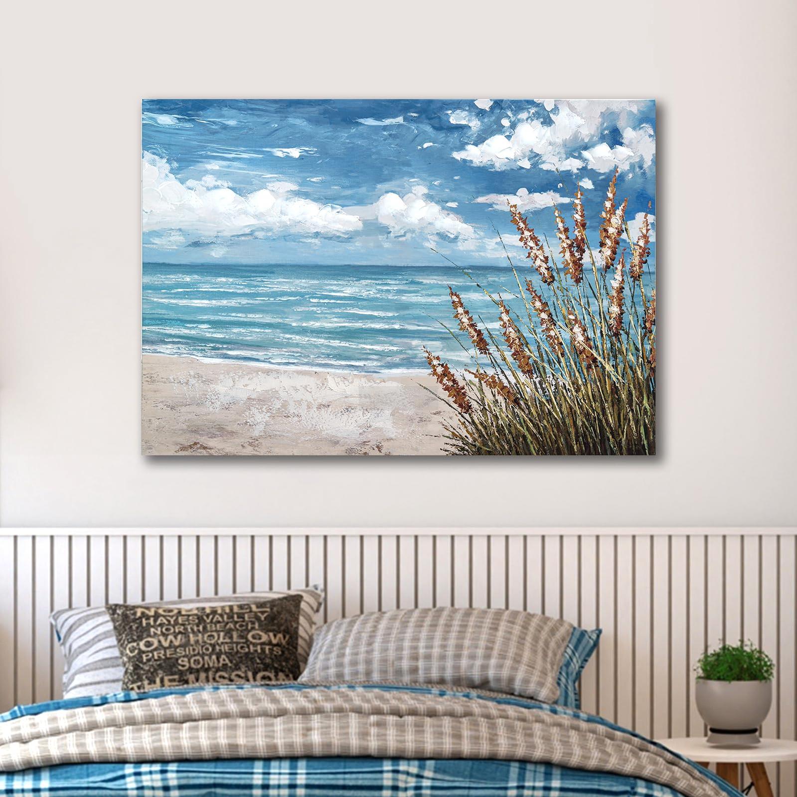 Beach Scene Wall Art, large Blue Ocean Seascape Painting,Seaside weed Coastal Canvas oil Painting Seascape Paintings Artwork for Living Room Bedroom Office Decor-Painting-BEESARI