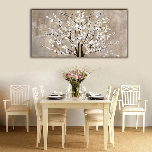 Beige White Textured Tree Painting Tree Wall Art Nature Tree of Life Abstract Canvas Painting Modern Large Panoramic Landscape Home Decor-Painting-BEESARI
