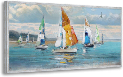 Blue Abstract Wall Art Canvas Ocean Sailboat Painting Modern Coastal Painting, Handmade Textured Art-Painting-BEESARI