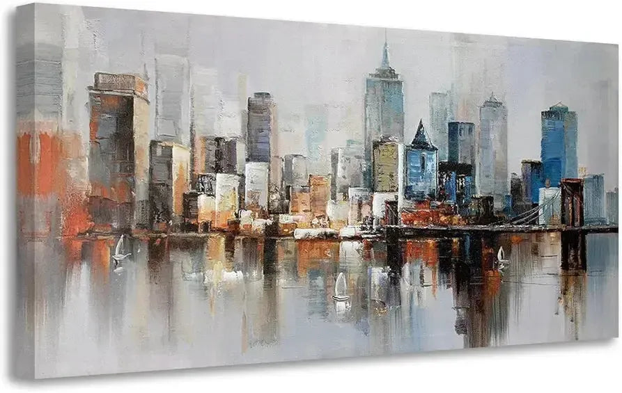Brooklyn Bridge Wall Art Modern New York City Abstract Canvas Cityscape Painting Colorful NYC Skyline Textured Art for Living Room Bedroom Home Office Wall Decor-Painting-BEESARI