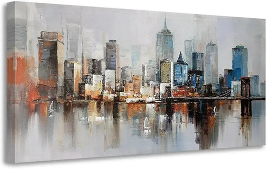 Brooklyn Bridge Wall Art Modern New York City Abstract Canvas Cityscape Painting Colorful NYC Skyline Textured Art for Living Room Bedroom Home Office Wall Decor-Painting-BEESARI