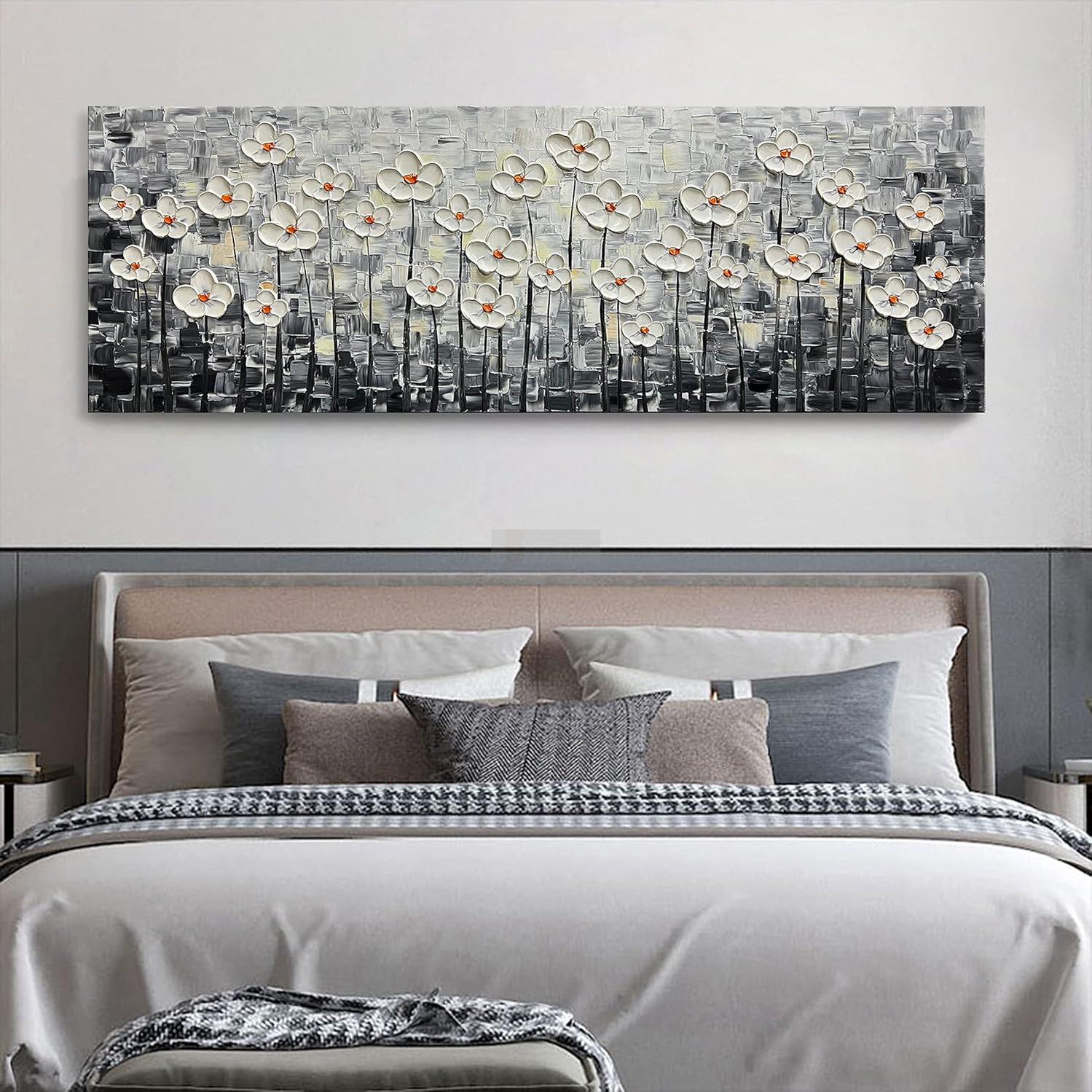 Canvas Wall Art 3D White Floral Oil Painting Bedroom Kitchen Dining Room Office Home Wall Decoration
