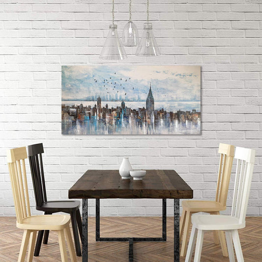 Cityscape Wall Art New York City Skyline Buildings Modern Abstract Grey NYC Skyline Birds Painting-Painting-BEESARI