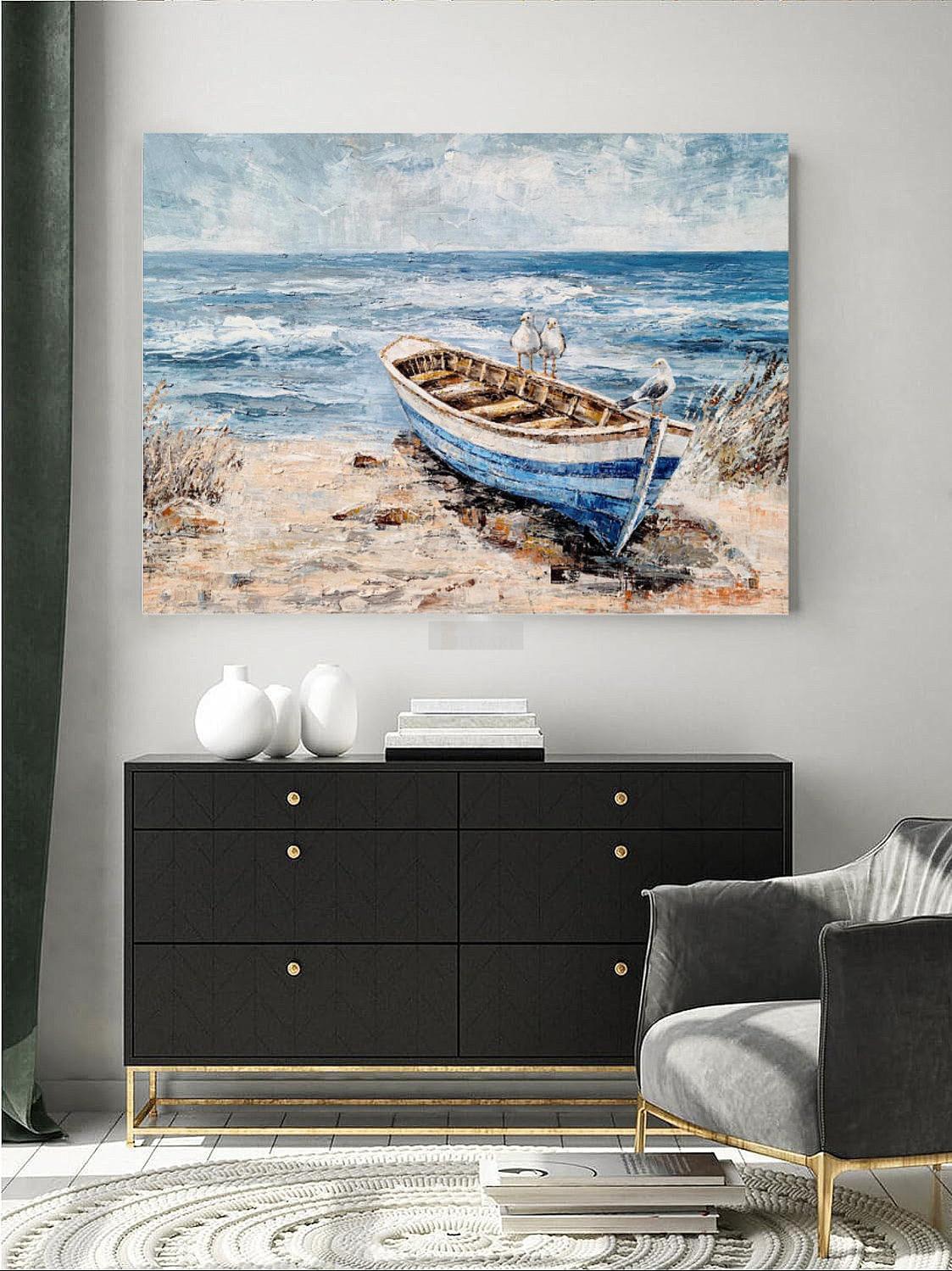 Coastal Canvas Wall Art - Hand Painted Beach Painting - Seagulls on Boat Painting - Seascape Coastal Artwork-Painting-BEESARI