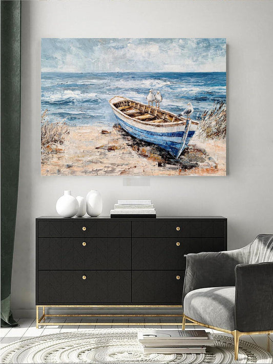 Coastal Canvas Wall Art - Hand Painted Beach Painting - Seagulls on Boat Painting - Seascape Coastal Artwork-Painting-BEESARI