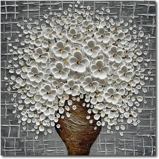 Epicler Hand-Painted 3D Abstract Modern Oil Painting Wall Art, White Flower Painting, Flower Wall Art Painting,Living Room Bedroom Wall Decoration Oil Painting Ready to Hang-Painting-BEESARI