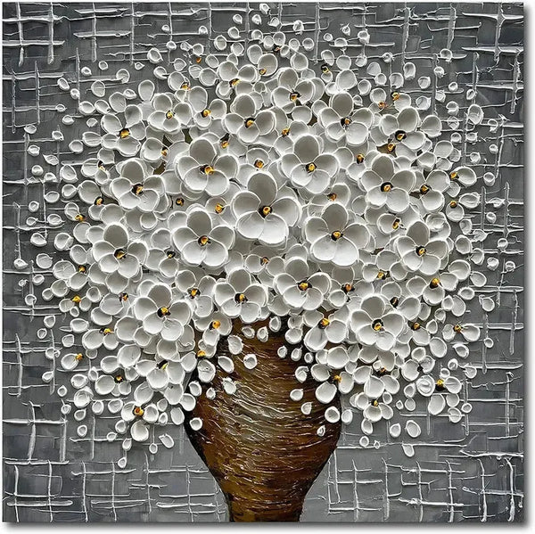 Epicler Hand-Painted 3D Abstract Modern Oil Painting Wall Art, White Flower Painting, Flower Wall Art Painting,Living Room Bedroom Wall Decoration Oil Painting Ready to Hang-Painting-BEESARI