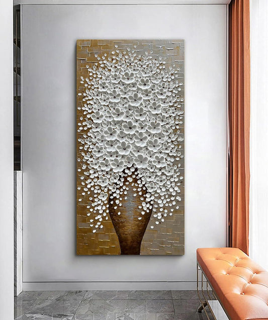 Epicler Hand-Painted 3D Flower Oil Painting with Metal Texture Background, White Flower Art Painting, Modern Canvas murals, White Flower Art-Painting-BEESARI