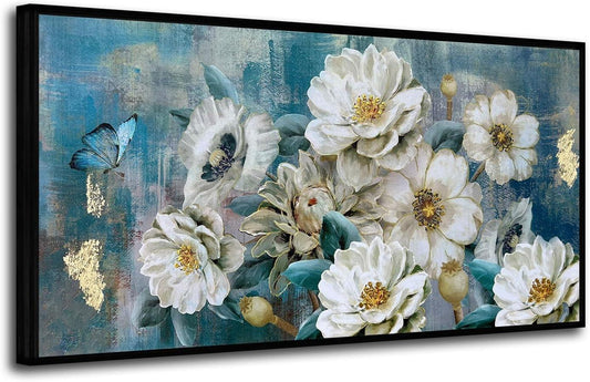 Flower Canvas Wall Art White Elegant Modern Gold Foil Colorful Painting Turquoise Floral Teal Artwork for Living Room Bedroom Bathroom Home Office Decor-Painting-BEESARI