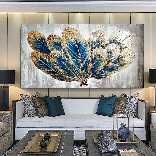 Gold Feather Textured Painting Gold Leaf Art Home Decor Wall Decor