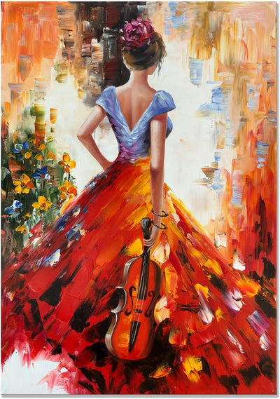 Hand Painted Figurative Vertical Canvas Wall Art Musical Girl Modern 3D Wall Paintings Contemporary Art for Home Decorations Wall Decor Ready to Hang-Painting-BEESARI