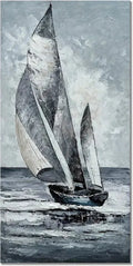 Hand Painted Large Sailboat Canvas Wall Art Abstract Modern Acrylic Oil Painting Vertical Sailing Boat Framed Textured Wall Art Gray Artwork Contemporary Art-Painting-BEESARI