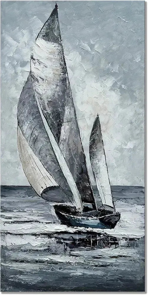 Hand Painted Large Sailboat Canvas Wall Art Abstract Modern Acrylic Oil Painting Vertical Sailing Boat Framed Textured Wall Art Gray Artwork Contemporary Art-Painting-BEESARI