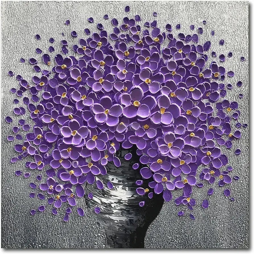 Hand-Painted Purple Flowers 3D Abstract Decorative Paintings, Wall Decorative Frame Wall Art, Modern Art Living Room Bedroom Office Hotel and Restaurant Wall Art