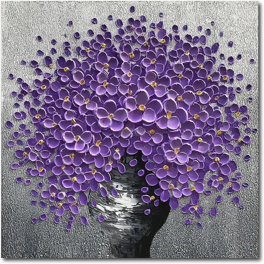 Hand-Painted Purple Flowers 3D Abstract Decorative Paintings, Wall Decorative Frame Wall Art, Modern Art Living Room Bedroom Office Hotel and Restaurant Wall Art