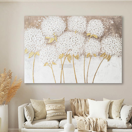 Hand-Painted White Hydrangea Blossom Canvas Wall Art, Modern Floral Wall Decor, 3D Textured Oil Painting-Painting-BEESARI