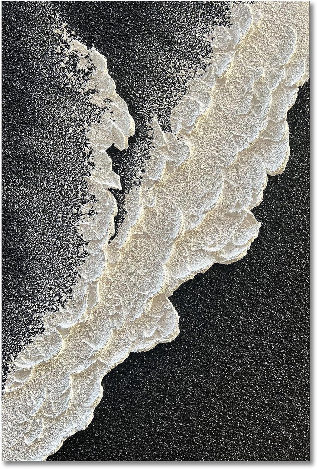 Handcrafted Thick Texture Black and White Abstract Canvas Art Ocean Wave Beach Landscape Oil Painting Home Wall Art Deco Oil Painting