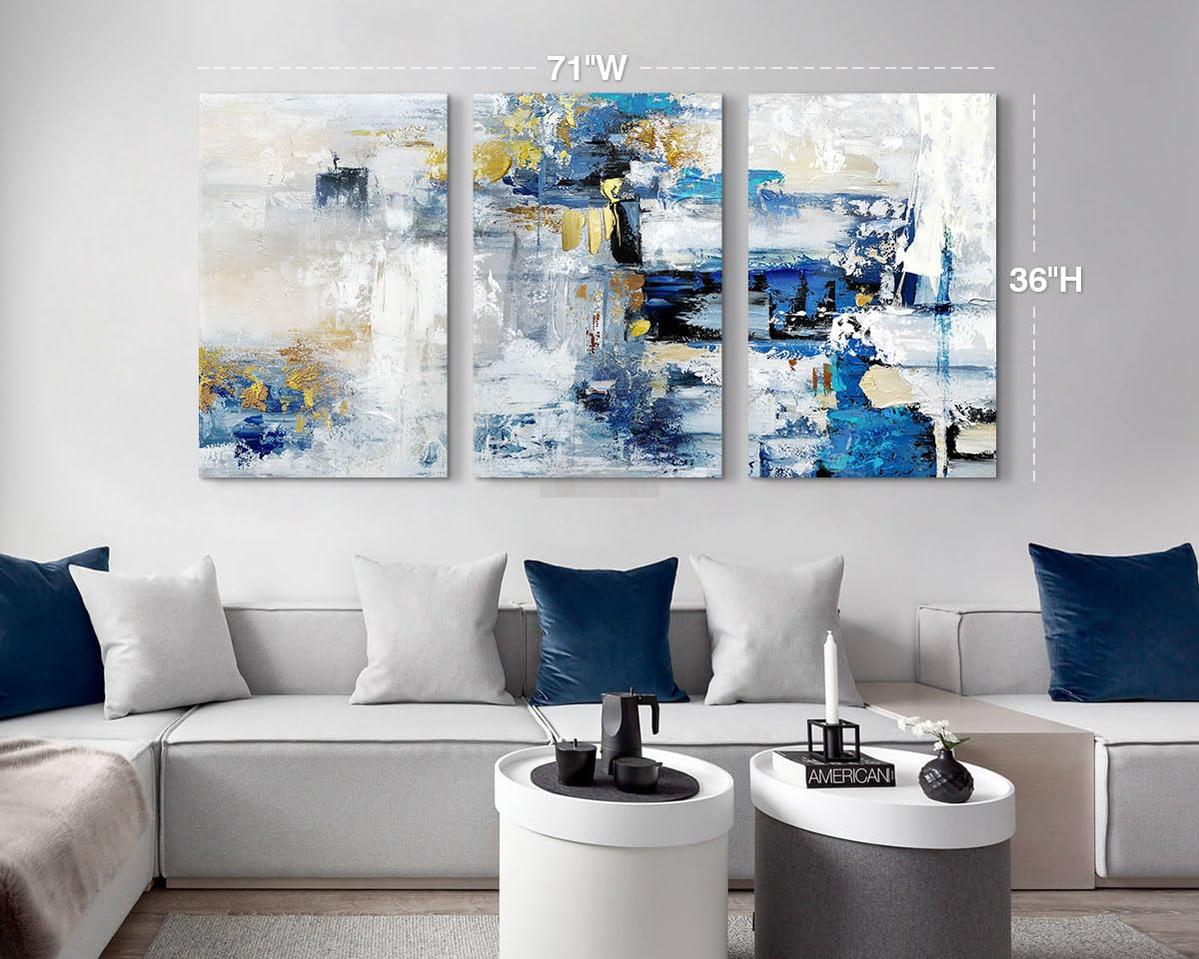 Handmade Wall Art for Living Room Extra Large Office Wall Decor Blue Gold Painting Abstract Canvas Wall Art-Painting-BEESARI