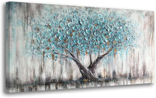 Tree Wall Art Teal Blue Nature Tree of Life Abstract Canvas Painting Textured, Modern Large Panoramic Landscape Artwork Framed for Living Room Bedroom Bathroom Office Home Decor