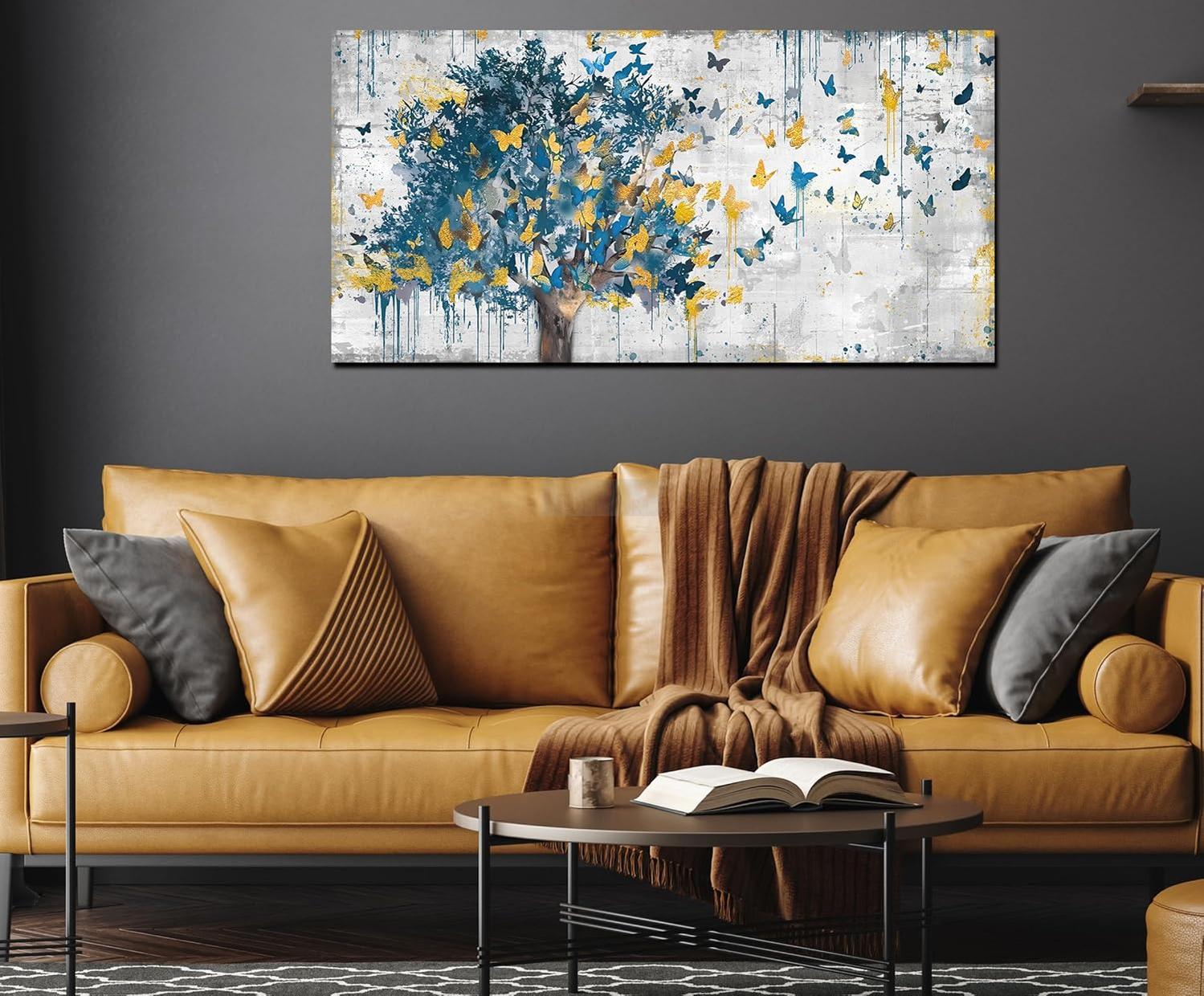 Large Canvas Wall Art Blue Tree Golden Butterflies Painting Abstract Grey Graffiti Canvas-Painting-BEESARI
