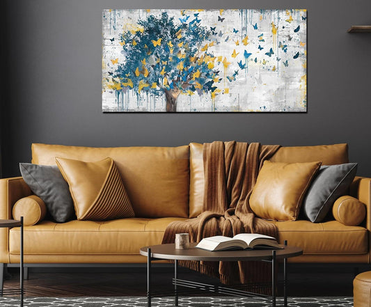 Large Canvas Wall Art Blue Tree Golden Butterflies Painting Abstract Grey Graffiti Canvas-Painting-BEESARI