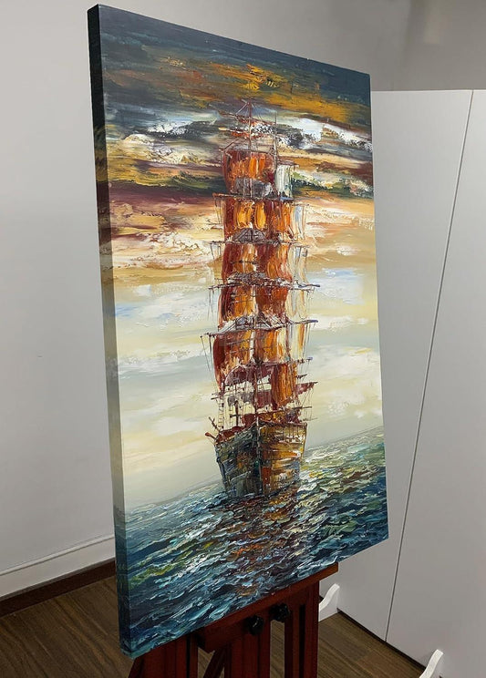 Modern Abstract Hand painted Sailboat Oil Paintings Acrylic Painted Canvas Wall Art Decor for Living room Bedroom Dining room Artwork for Home Walls-Painting-BEESARI