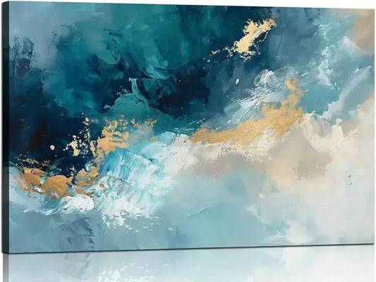 Ocean Wall Art Decor for Living Room | Blue Abstract Seascape Handmade Canvas Painting for Wall Modern Beach Art