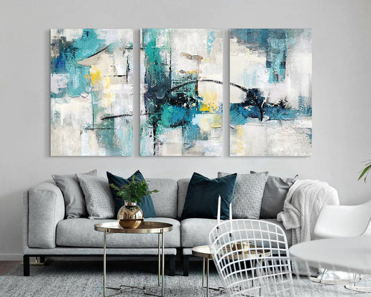 Room Decor Wall Art Living Room Extra Large Canvas Painting Wall Decor Aqua Blue Teal Gray Modern Office Decor Abstract Dining Room Wall Decorations-Painting-BEESARI