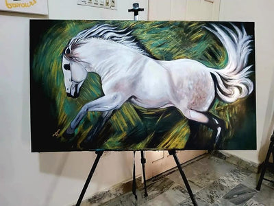 Running White Horse | Handmade Painting on Canvas | Home decor-Painting-BEESARI