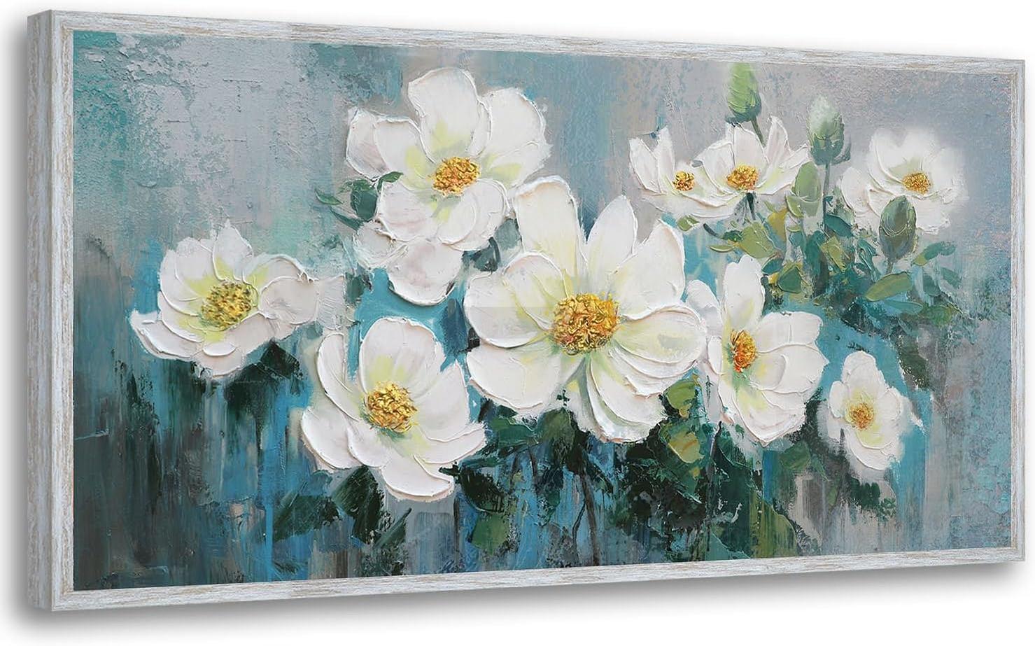White Flowers Wall Art Canvas Magnolia Teal Floral 3D Textured Painting Gold Turquoise Blue Painting for Living Room Bedroom Bathroom Home Office Wall Decor-Painting-BEESARI