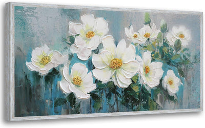 White Flowers Wall Art Canvas Magnolia Teal Floral 3D Textured Painting Gold Turquoise Blue Painting for Living Room Bedroom Bathroom Home Office Wall Decor-Painting-BEESARI